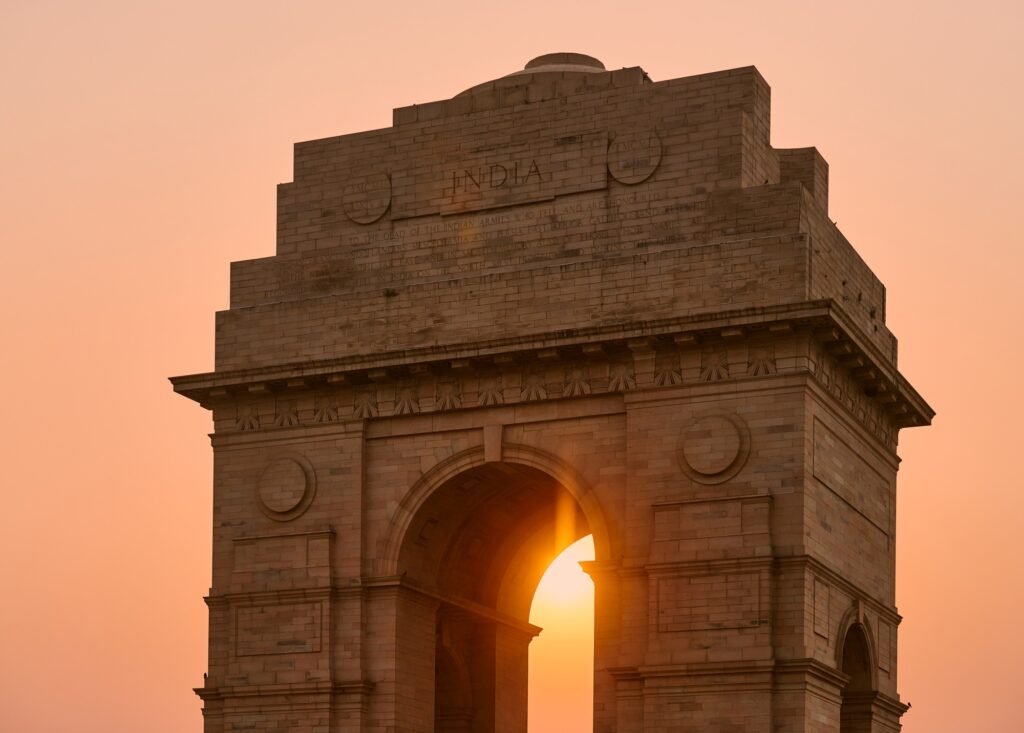 India Gate landmark at glorious sunset, war memorial in New Delhi near Kartavya path